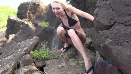 Petite blonde caught peeing and fucked by local in superb POV