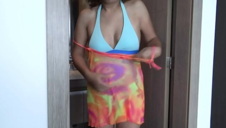 My beautiful wife shows off in a bikini before going to the beach